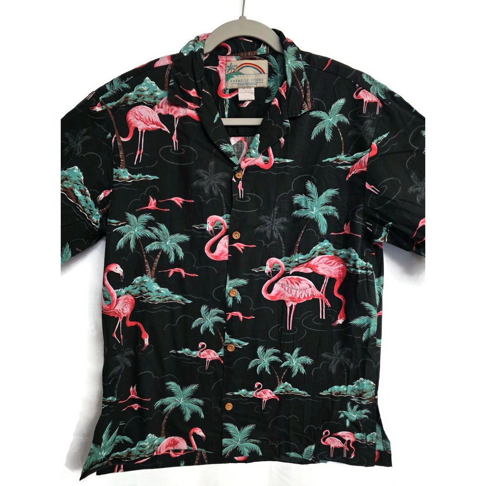 Paradise Found Mens Flamingo Hawaiian Shirt Black Magnum PI Size Small